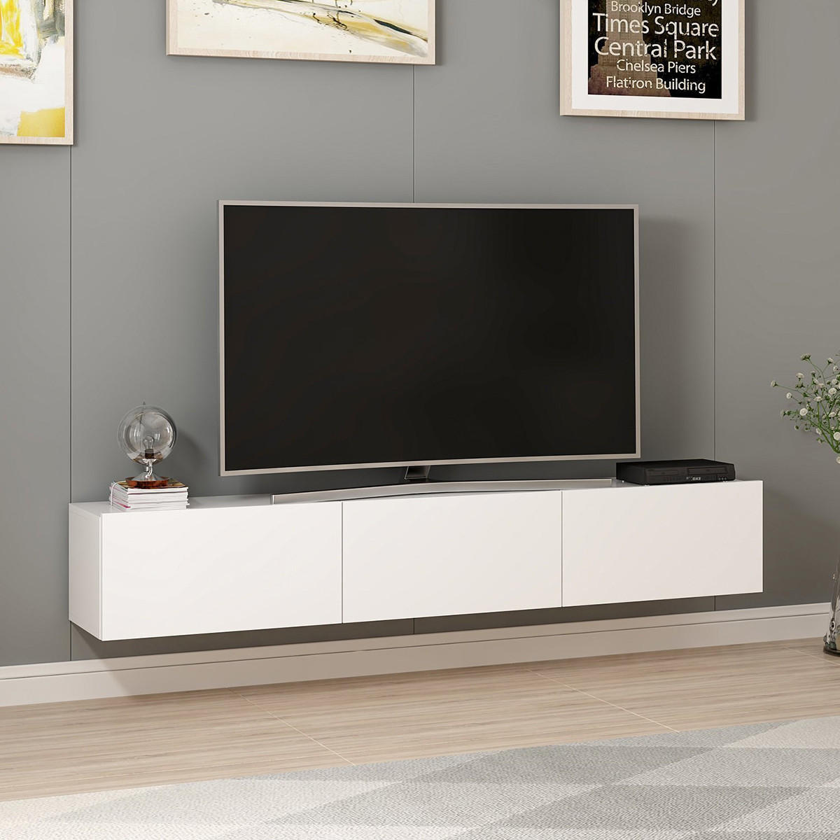 RIGEL Nástěnná TV skříňka se 3 dveřmi, bílá, šířka 180 cm - bílá, kompozitní dřevo (32/30/180cm) - Calicosy