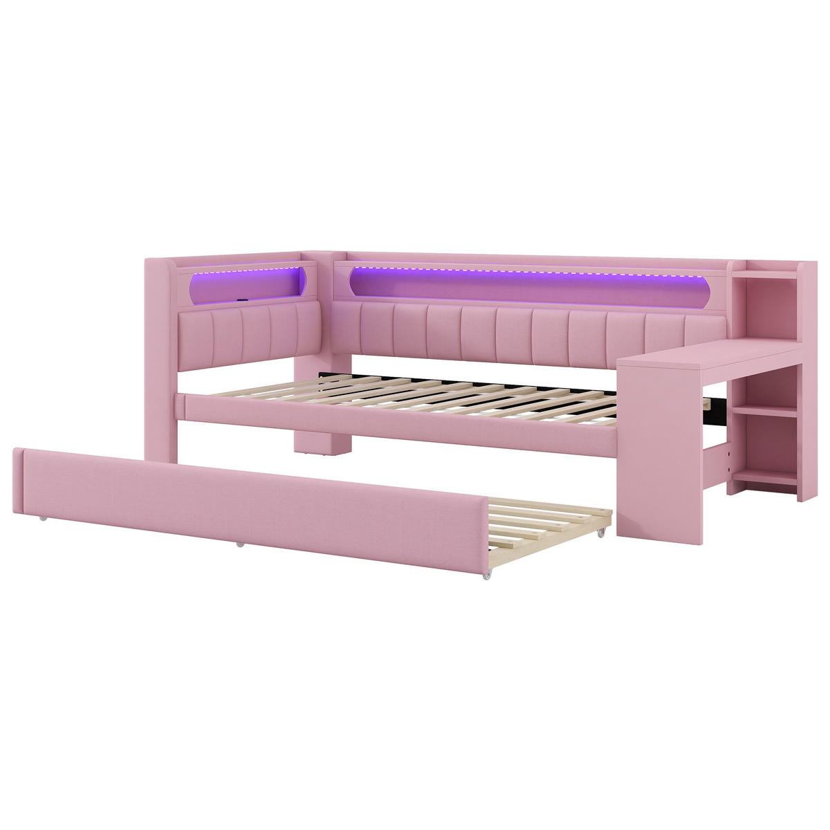 AUSZIEHBETT 90/200 cm DE-03383, mit LED, Ausziehbett und Schreibtisch, in Rosa - Pink, Holzwerkstoff (90/200cm) - ComfortXL