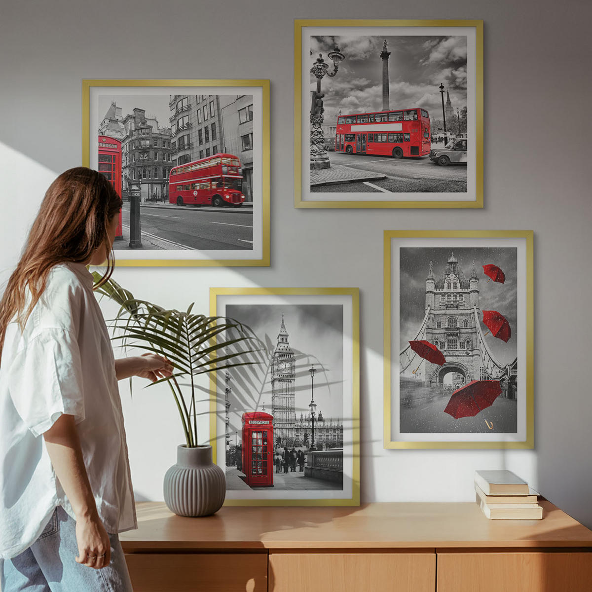 BILDER SET 4er Set - 50x50 cm & 40x60 cm Goldrahmen - Ginkgoblätter, heller Hintergrund - Goldfarben, Kunststoff (50/50cm) - TULUP