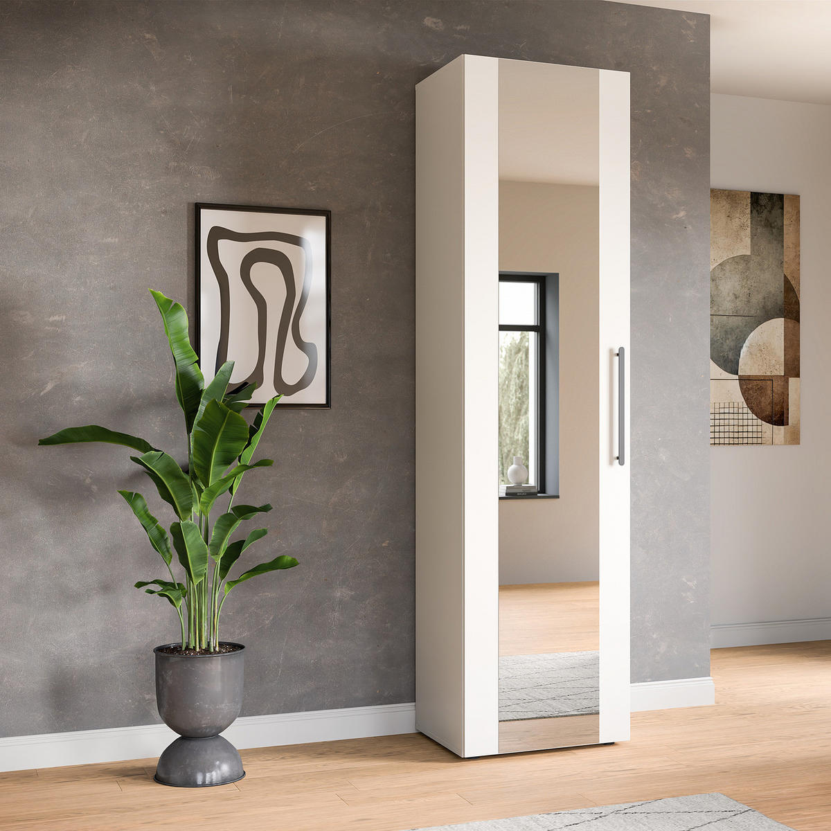 GARDEROBENSCHRANK mit Spiegel - Weiß - Schwarz/Weiß, Holzwerkstoff/Kunststoff (55/200/47cm) - home24