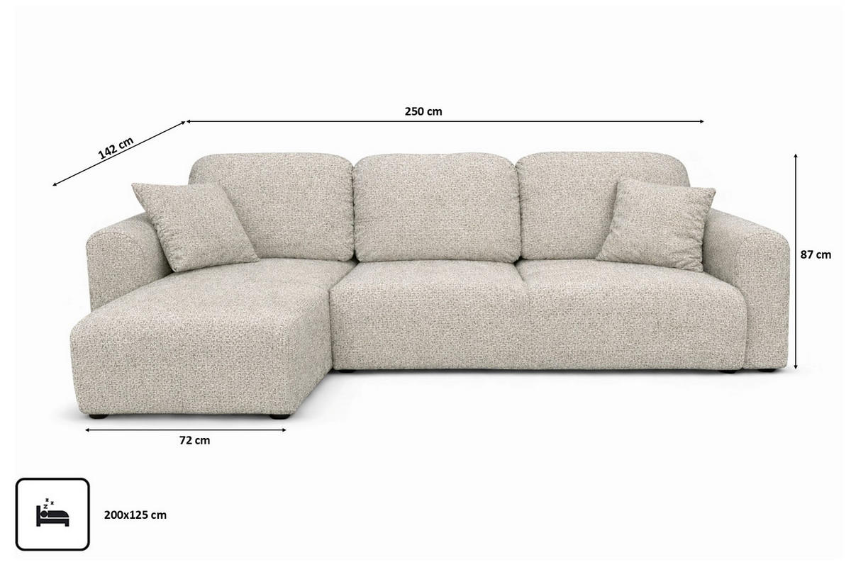 ECKSOFA Mit Schlaffunktion Und Bettkasten, Sofa L-Form Bingo L, Chenille-Stoff Artico, Nata, Links - Beige, Holz (250/142cm) - Kaiser Möbel