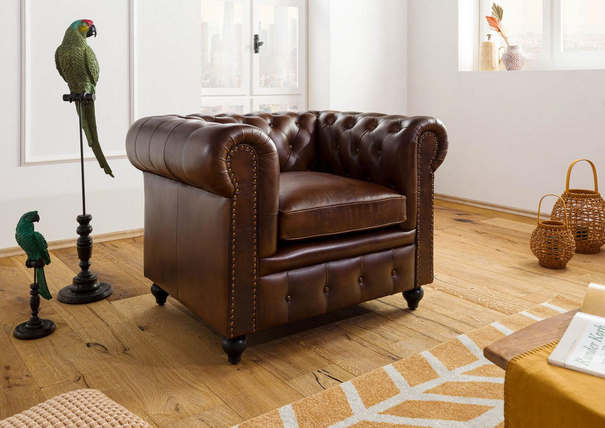 SESSEL Echtleder 105x82x75 braun CHESTERFIELD #102 - Braun, Leder (105/75/82cm) - Massivmoebel24