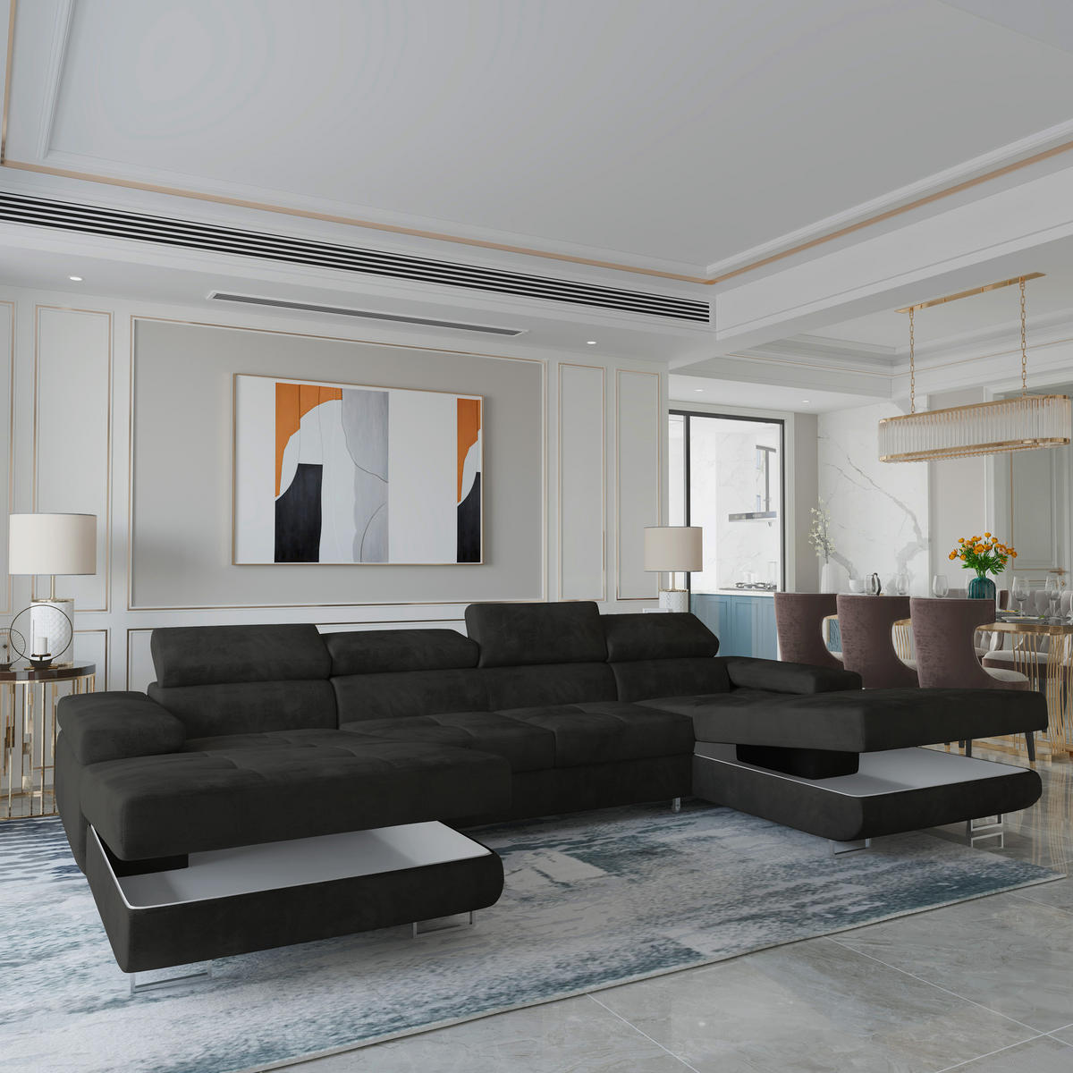 WOHNLANDSCHAFT LYKKE Schwarz Velours-Stoff mit Schlaffunktion - Schwarz, Holz (353/90/202cm) - MASSENO