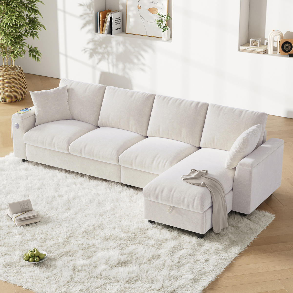 SOFA Beige L-Form Chenille Stauraum USB ausziehbar Tisch - Beige, Textil (137/84/280cm) - FLIEKS