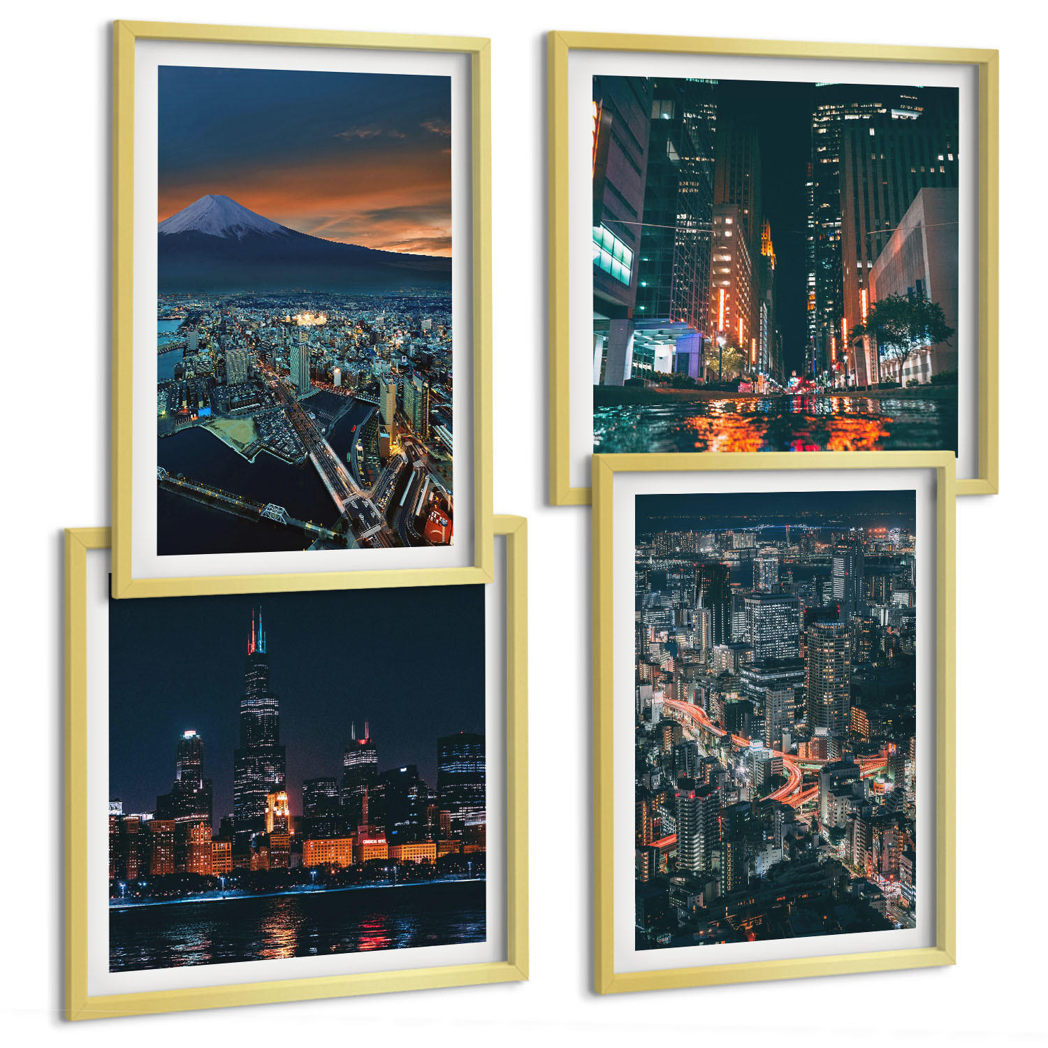 BILDER SET 4er Set - 50x50 cm & 40x60 cm Goldrahmen - Bergpanorama der Stadt bei Nacht - Goldfarben, Kunststoff (50/50cm) - TULUP