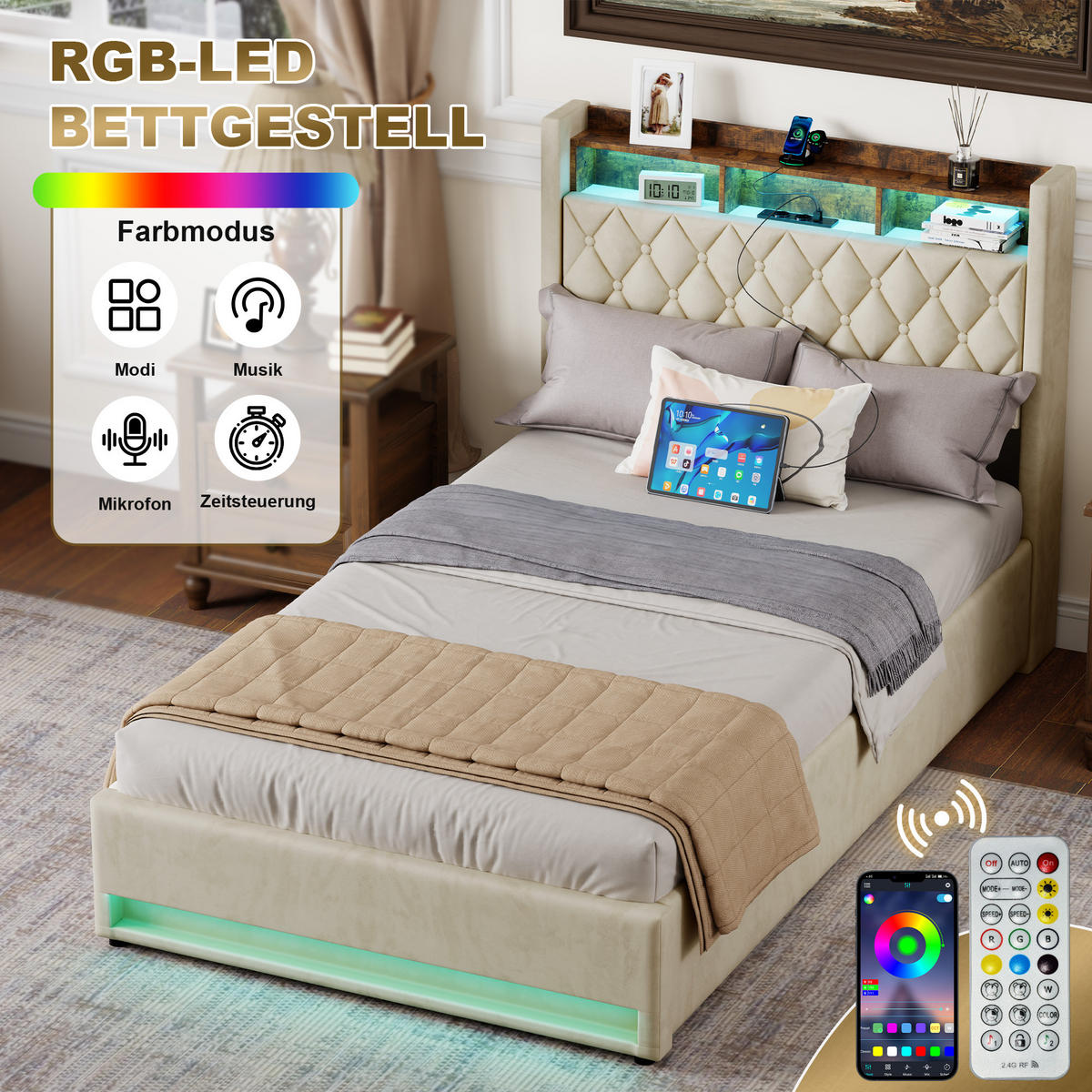 POLSTERBETT 140/200 cm Beige mit LED-Lichtleiste und USB-Anschlüssen - Beige, Holzwerkstoff (140/200cm) - OKWISH