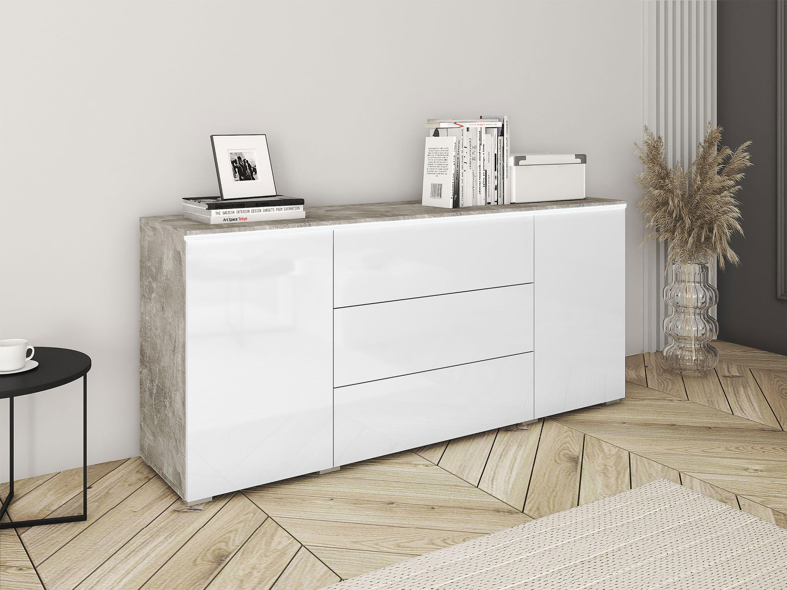 SIDEBOARD Vera 150 mit weißer LED Beleuchtung - Weiß Hochglanz/Hellgrau, Holzwerkstoff (150/66/40cm) - MIRJAN24