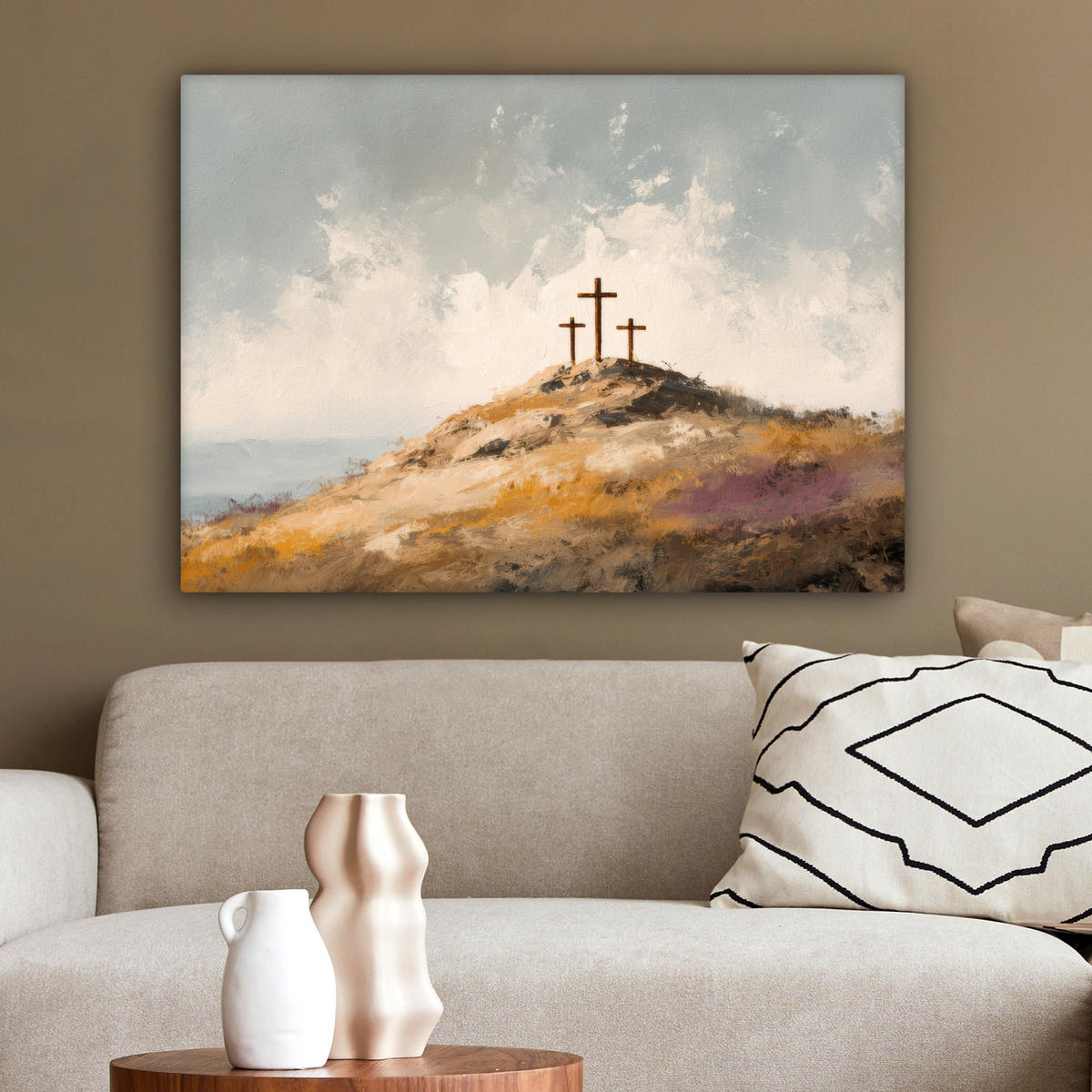 LEINWANDBILD Hügel - Abstrakt - Christentum - Kreuz Wandbilder 80x60 cm - Hellgrau, Textil (80/60cm) - MuchoWow