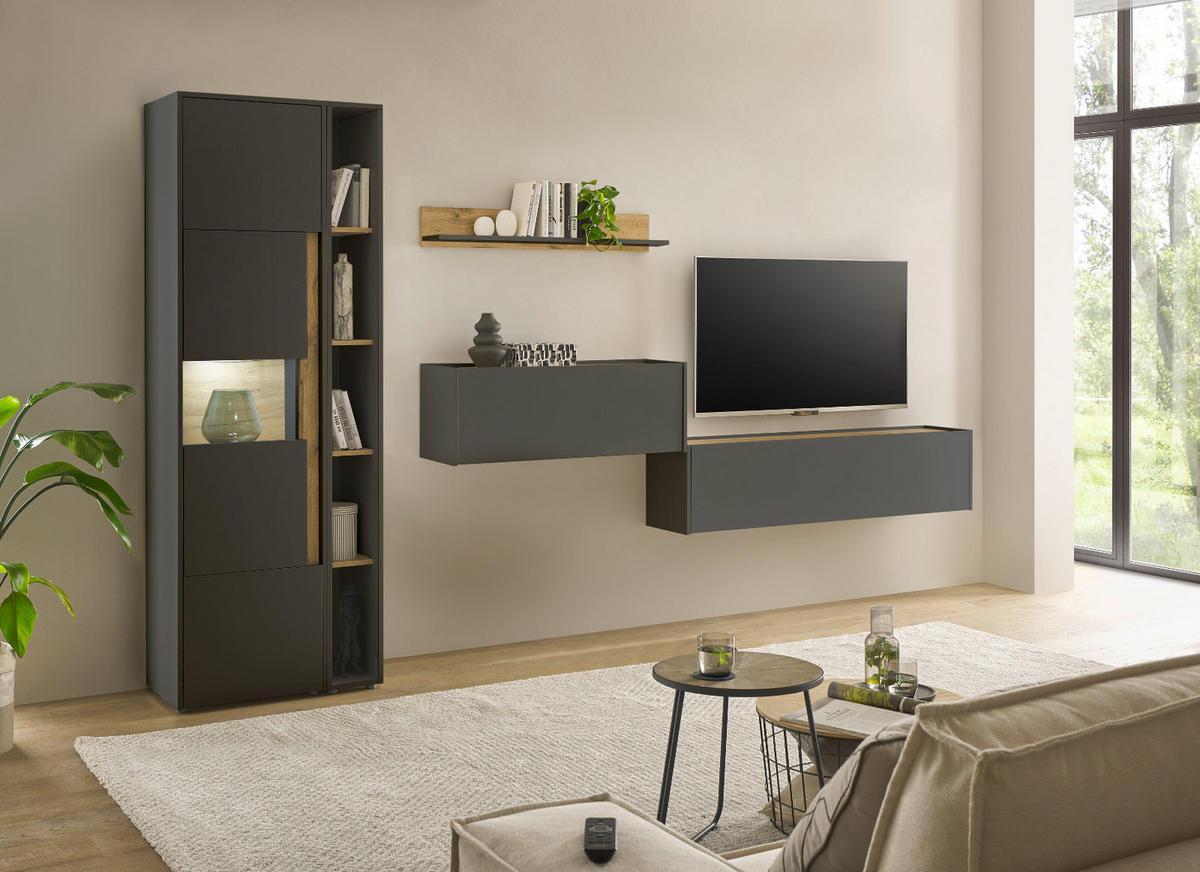 WOHNWAND grau matt, Eiche Wotan 340 cm, Schrankwand mit Sekretär - Eiche Wotan/Grau, Glas/Holzwerkstoff (340/200/40cm) - Furn.Design