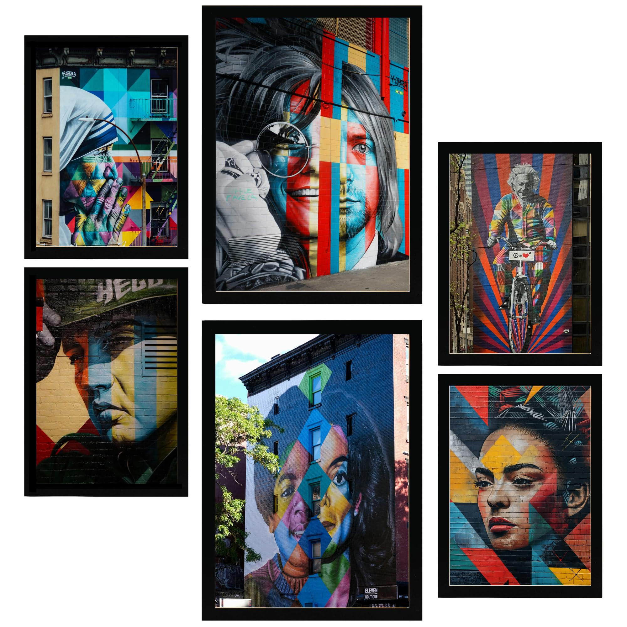POSTER Set Mit 6 Graffiti Straßenkunst Nirvana Jopplin Frida Presley A3 & A4 Schwarzer Rahmen - Schwarz, Papier (29/3cm) - Nacnic