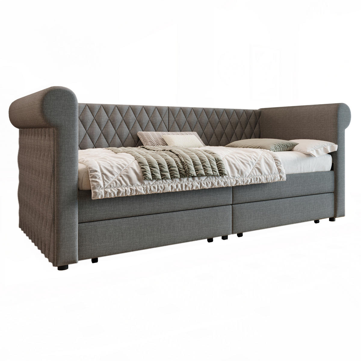 POLSTERBETT aus Leinen 90x200 cm in Grau mit 2 Schubladen - Grau, Textil (90/200cm) - Modfu