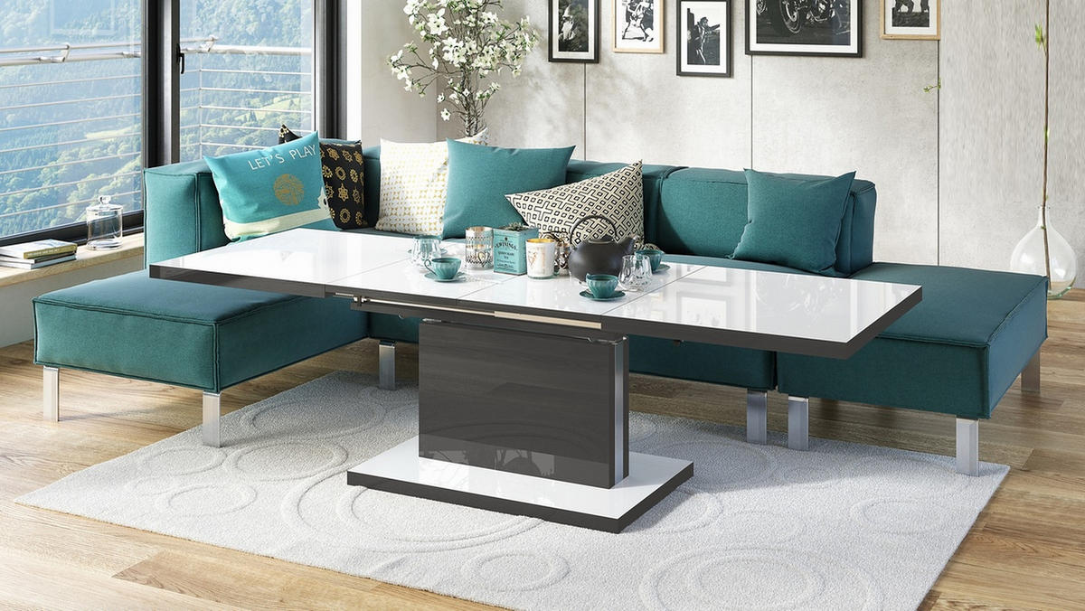 COUCHTISCH rechteckig Weiß Hochglanz - Anthrazit Hochglanz ausziehbar höhenverstellbar - Weiß Hochglanz/Anthrazit, Holzwerkstoff (70/120/56cm) - designimpex