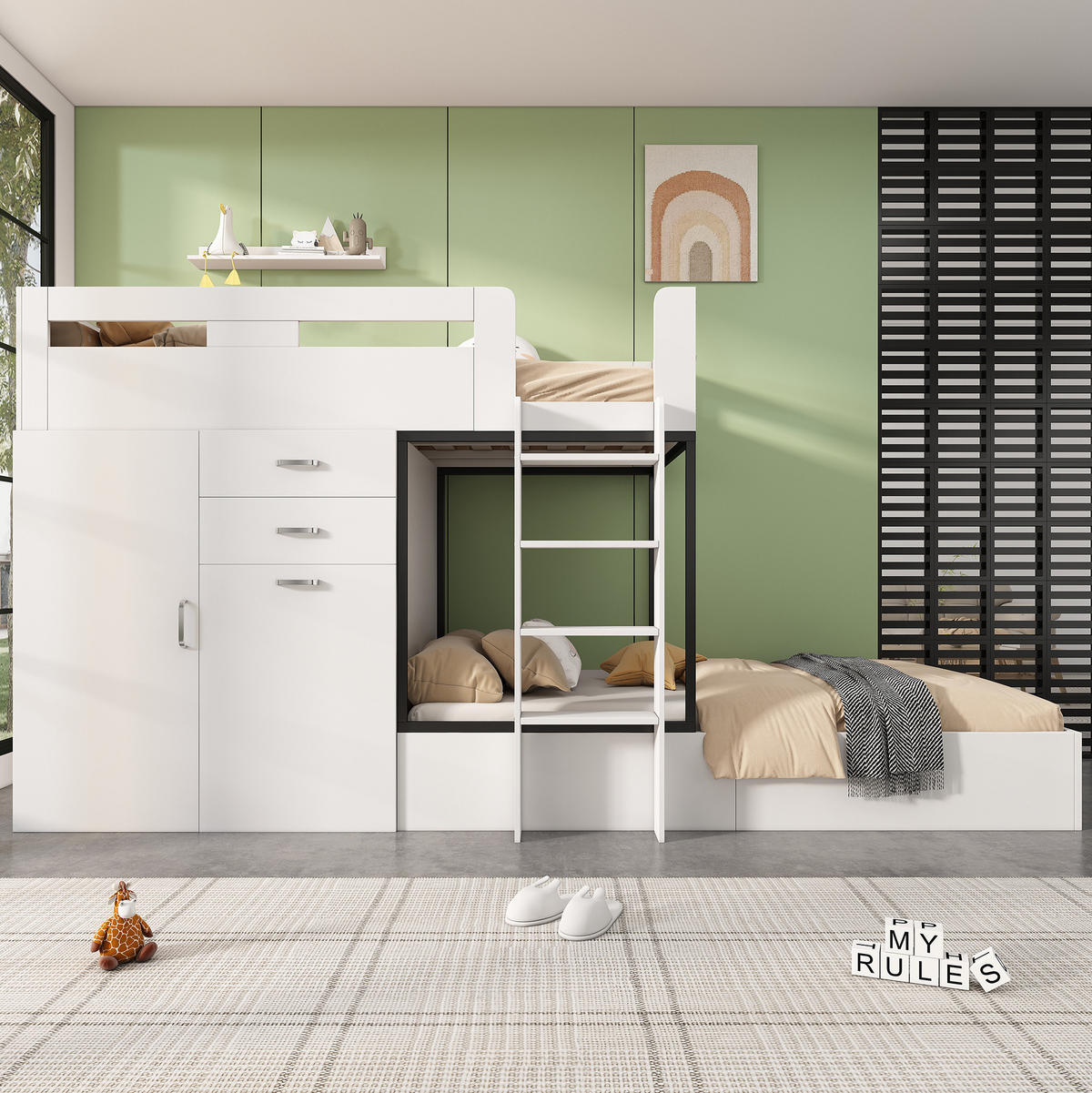 ETAGENBETT 90/200 cm in Weiß/Schwarz mit ausziehbarem Schreibtisch und Kleiderschrank - Weiß, Holzwerkstoff (90/200cm) - Flora Grace