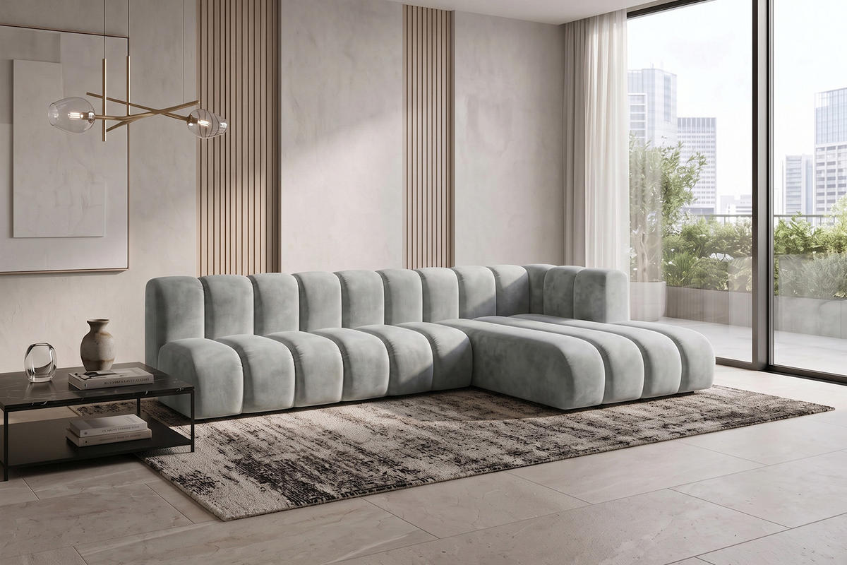 ECKSOFA Modulares In L-Form, Velvet-Stoff Riviera, Grau, Rechts, GRAND 295 cm - Grau, Holz (295/179cm) - Kaiser Möbel