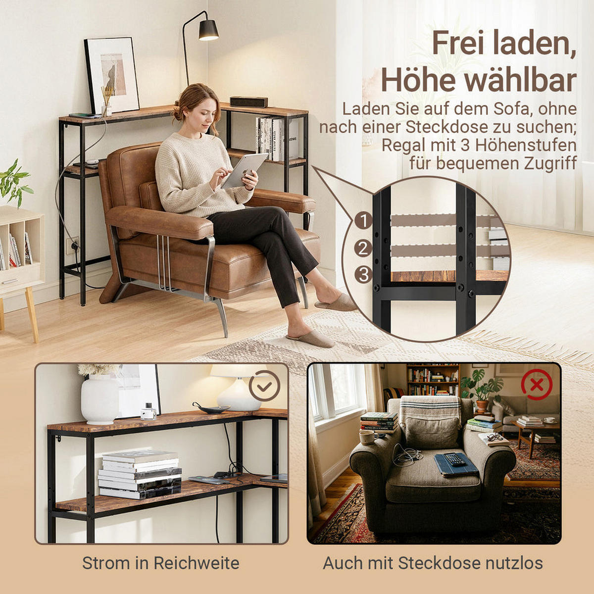 ECKKONSOLENTISCH mit integrierter Steckdose schmal 180x20x100 cm - Braun, Holzwerkstoff/Metall (80/120/101cm) - SoBuy