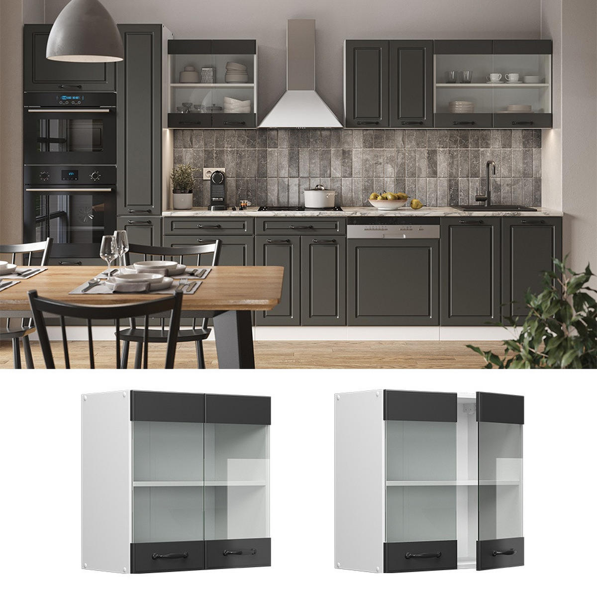 DULAP DIN STICLĂ DE BUCĂTĂRIE R-Line Casă de țară antracit 60 cm - alb/antracit, compozit lemnos (60/60/31cm) - Vicco