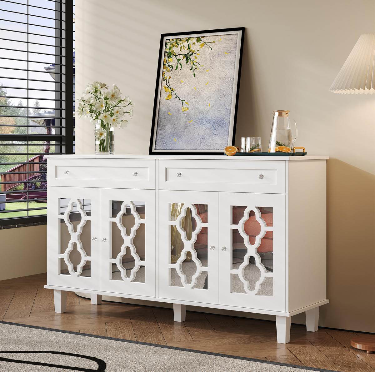 KOMMODE aus MDF 140x40x83cm in Weiß mit Spiegeltüren & Schubladen - Weiß, Holzwerkstoff (140/83/40cm) - Modfu