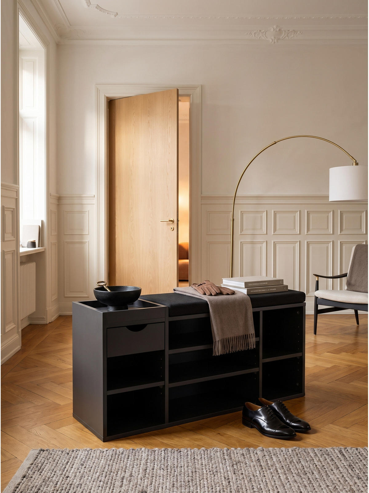 GARDEROBENBANK CARTAGENA, Stoff, Schwarz, 100 x 30 x 45 cm - Schwarz, Holzwerkstoff/Textil (100/45/30cm) - KADIMA DESIGN