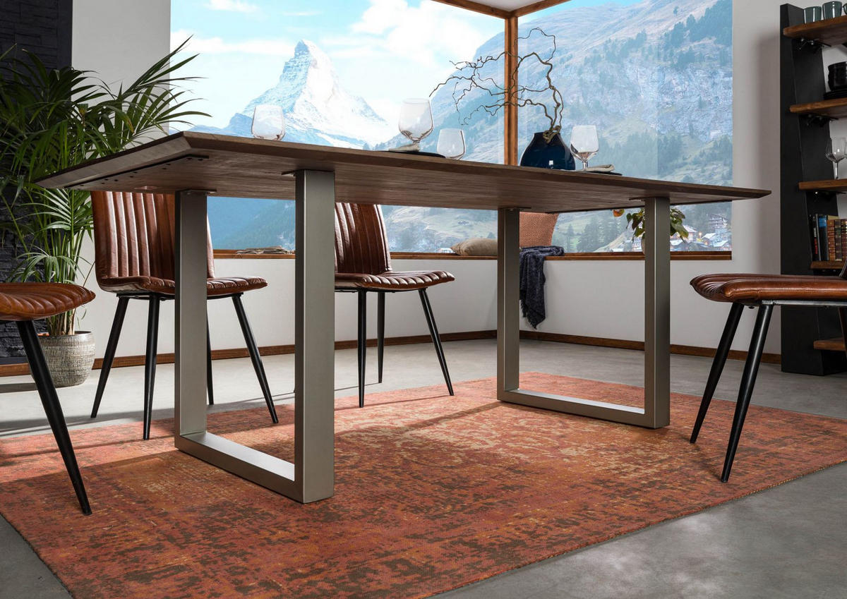 ESSTISCH Akazie 180x90 grau lackiert / U-Beine silber matt SWISS EDGE - Grau, Holz (90/180/76cm) - Massivmoebel24