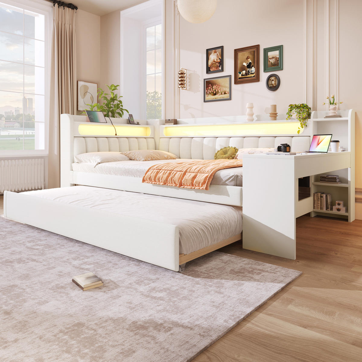ČALÚNENÁ posteľ 140/200 cm biela s LED osvetlením, USB, výsuvným lôžkom a písacím stolom z MDF - biela, kompozitné drevo (140/200cm) - OKWISH