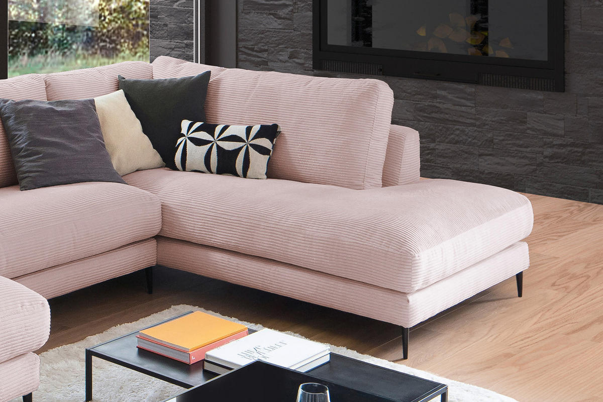 WOHNLANDSCHAFT CARA Pink Cord - Pink/Roségold, Textil (341/84/223cm) - KAWOLA