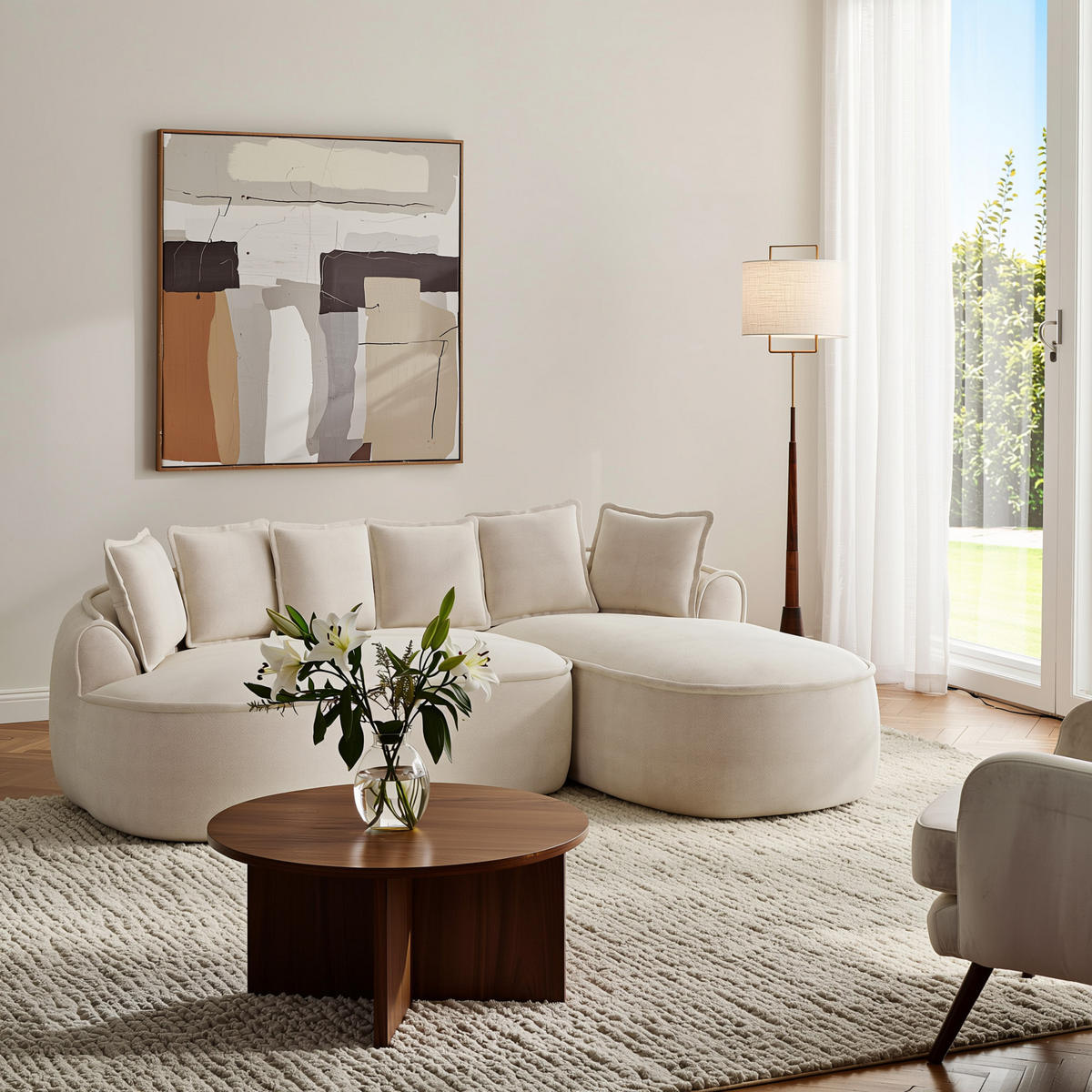 ECKSOFA chenille mit extra tiefer chaiselongue & rahmenlosem design - Hellbraun, Textil (252/164cm) - Urban Meuble