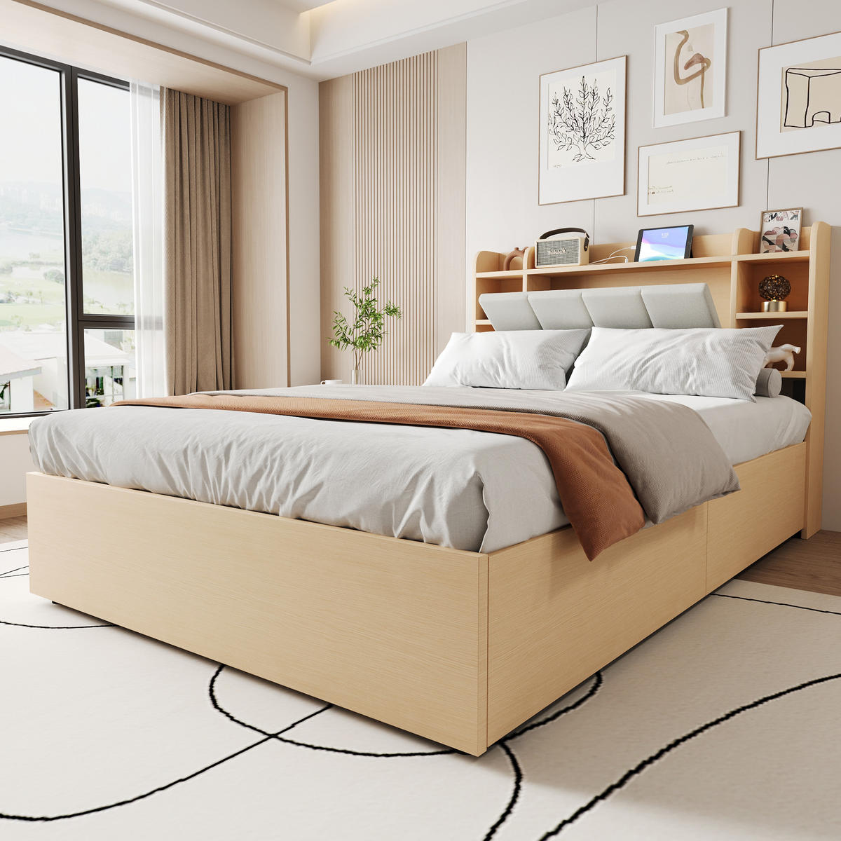 BETT 140/200 cm mit hydraulischem Bettkasten, Kopfteil mit Stauraum, USB- und USB-C-Anschluss, MDF, farbe - Naturfarben, Holzwerkstoff (140/200cm) - Redom