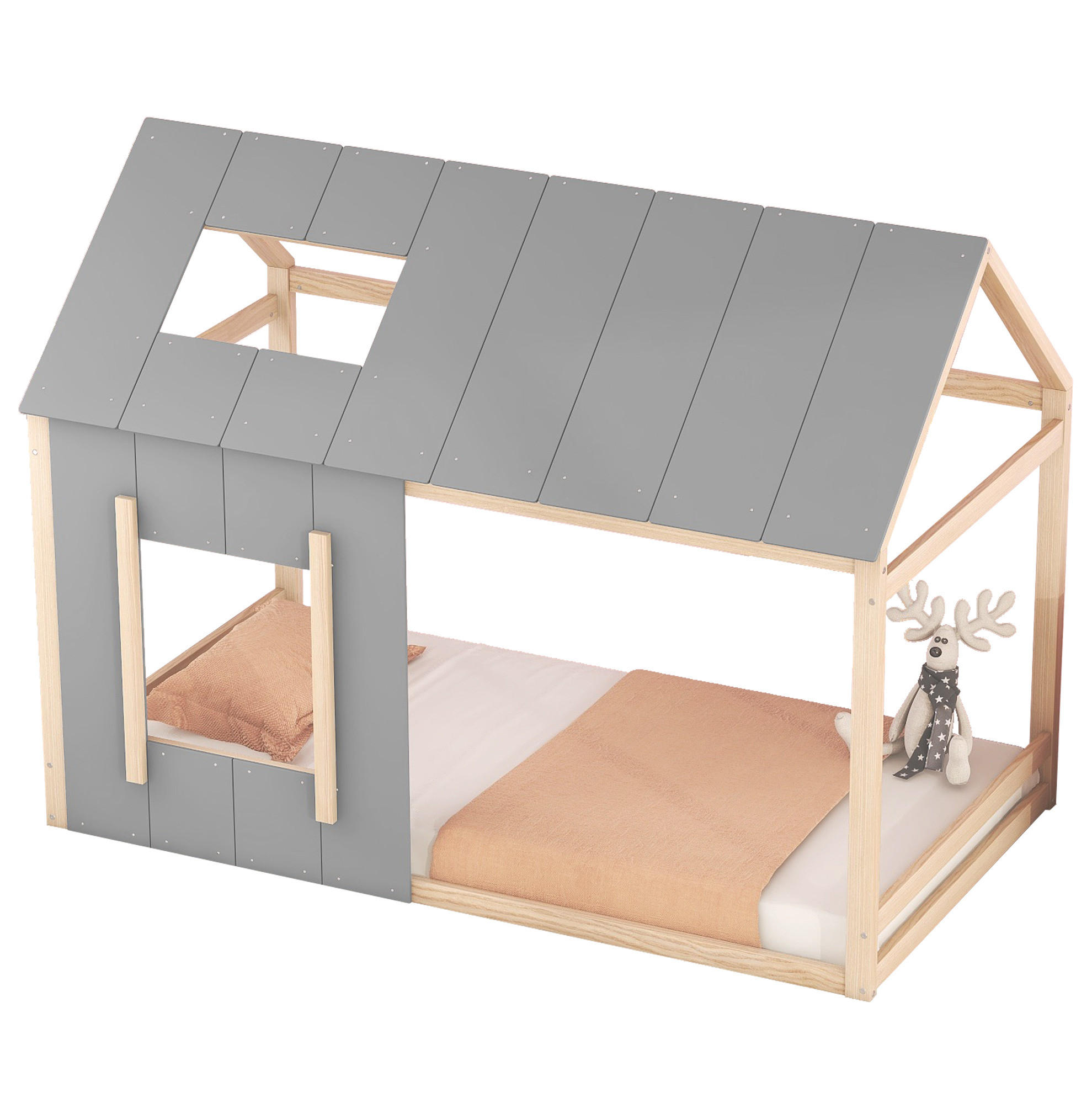 KINDERBETT 90/200 cm in Hausform aus Kiefernholz und MDF, Natur/Grau - Grau, Holz (90/200cm) - BEAOK