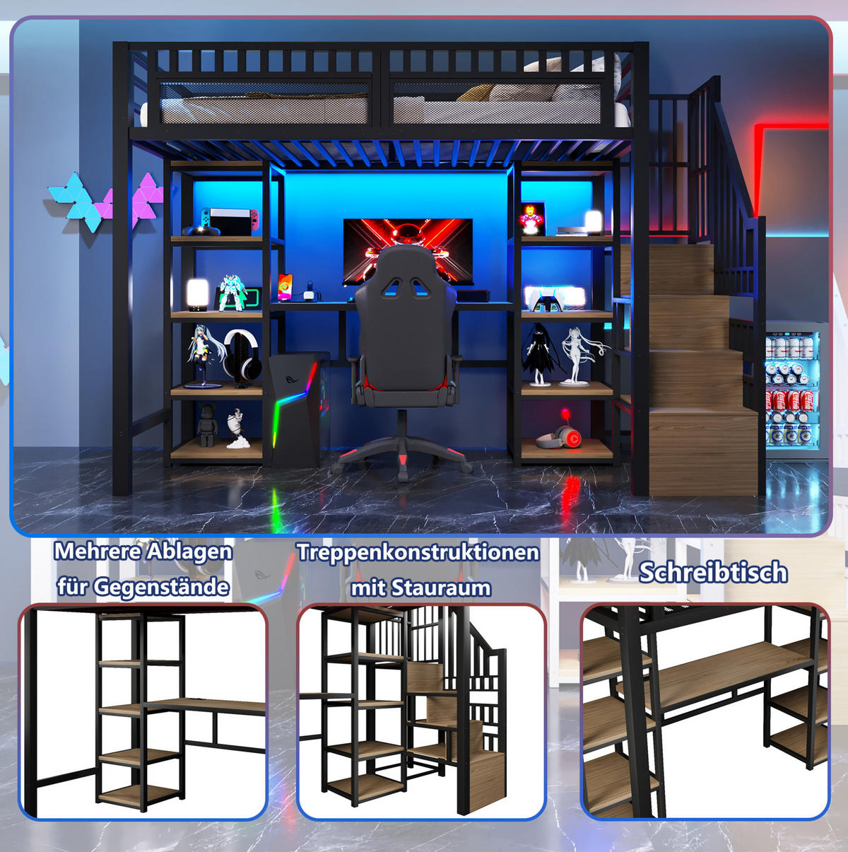 HOCHBETT mit Schreibtisch 90/200 cm in Schwarz – mit Stauraumleiter, Regalen und LED - Schwarz, Metall (90/200cm) - BEAOK