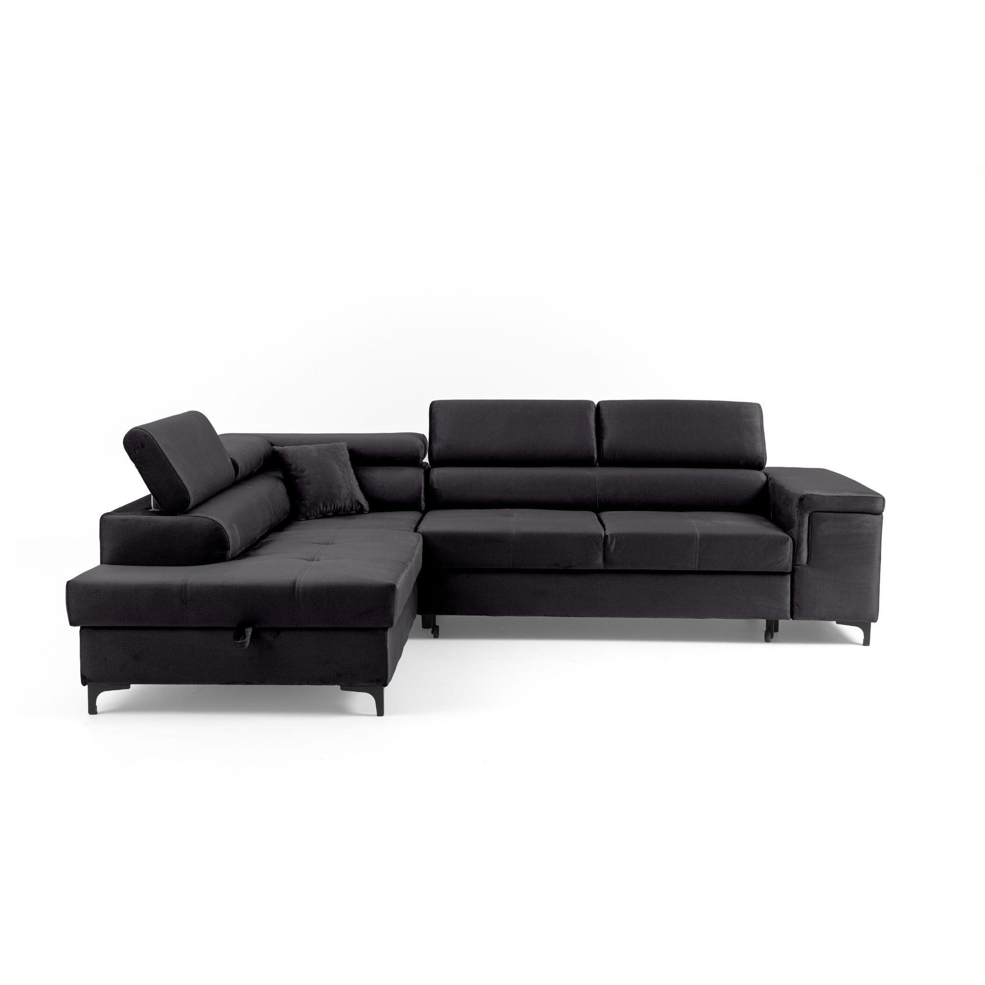 ECKSOFA WILLIAM L Links mit Schlaffunktion 127x195 Velours Schwarz - Silberfarben/Schwarz, Holz/Textil (275/203cm) - Muffo
