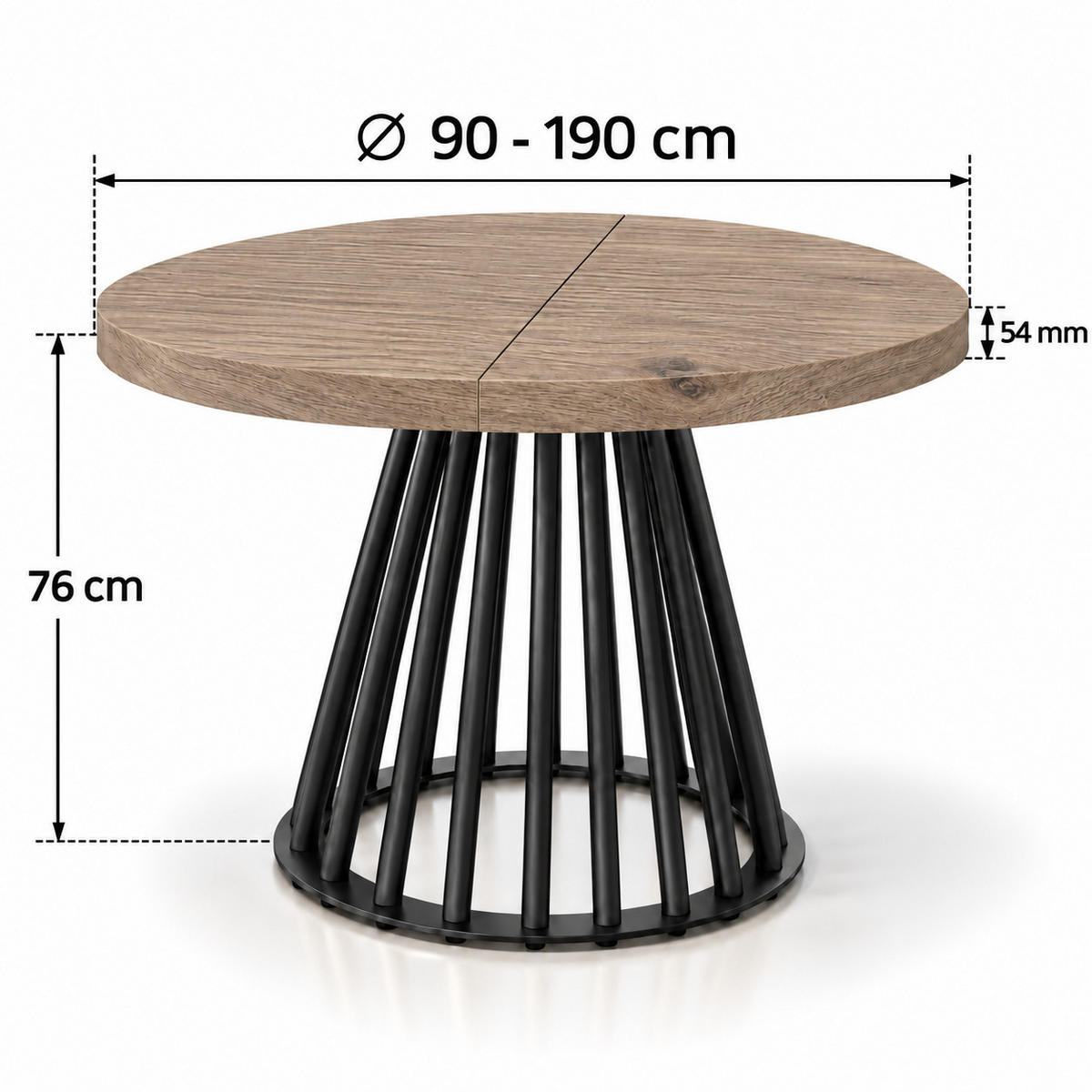 ESSTISCH rund ausziehbar 90/190/76 cm, Braun Eiche Halifax Egger, 54 cm Tischplatte + Lamellen-Metallgestell Schwarz - Eichefarben/Schwarz, Holzwerkstoff/Metall (90/190/76cm) - Damale Möbel