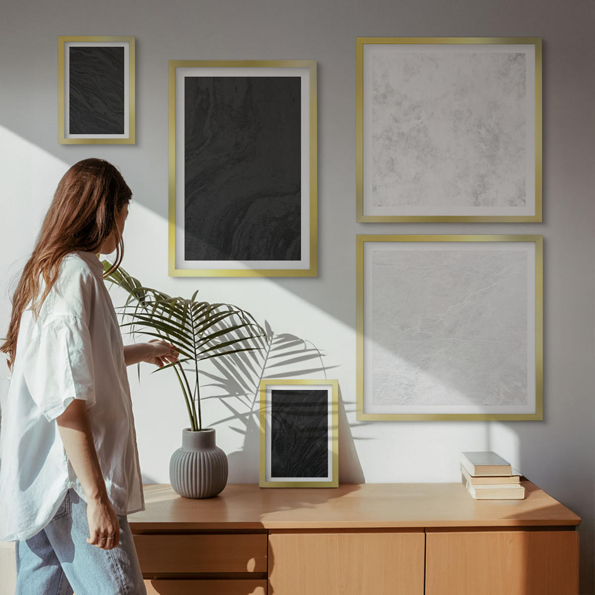 BILDER SET 5er Set - 50x50 cm & 20x30 cm & 40x60 cm Goldrahmen - Dunkles Licht, glamouröse Marmor - Goldfarben, Kunststoff (40/60cm) - TULUP