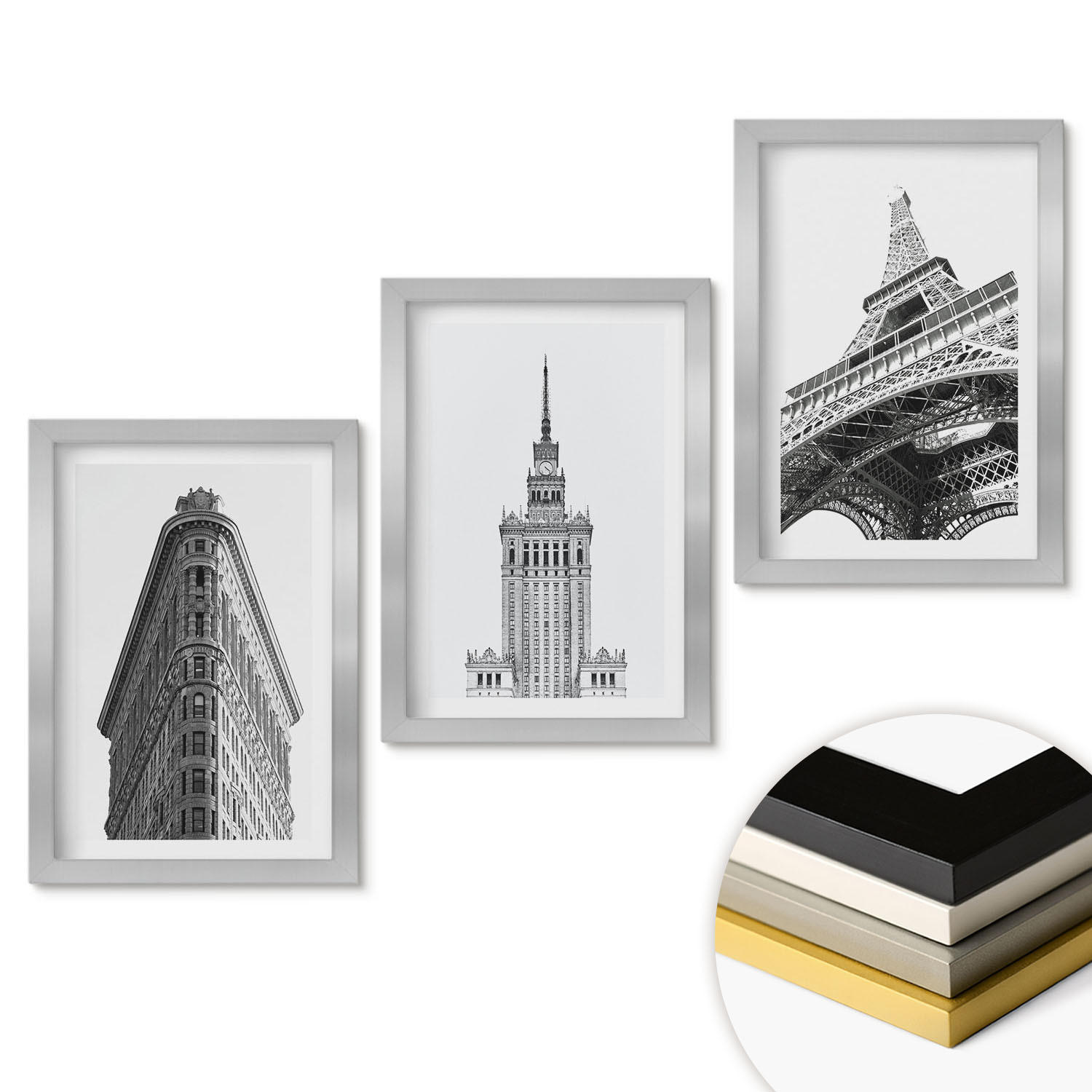 WANDBILDER 3er Set - 20x30 cm Silberner Rahmen - Architektonische Schwarz-Weiß-Gebäude - Silberfarben, Kunststoff (20/30cm) - ArtPrintCave
