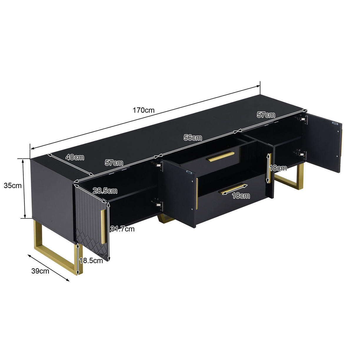 TV-LOWBOARD 170/40/53,5 cm schwarz aus MDF mit Kabelöffnung - Schwarz, Holzwerkstoff (170/53.5/40cm) - OKWISH