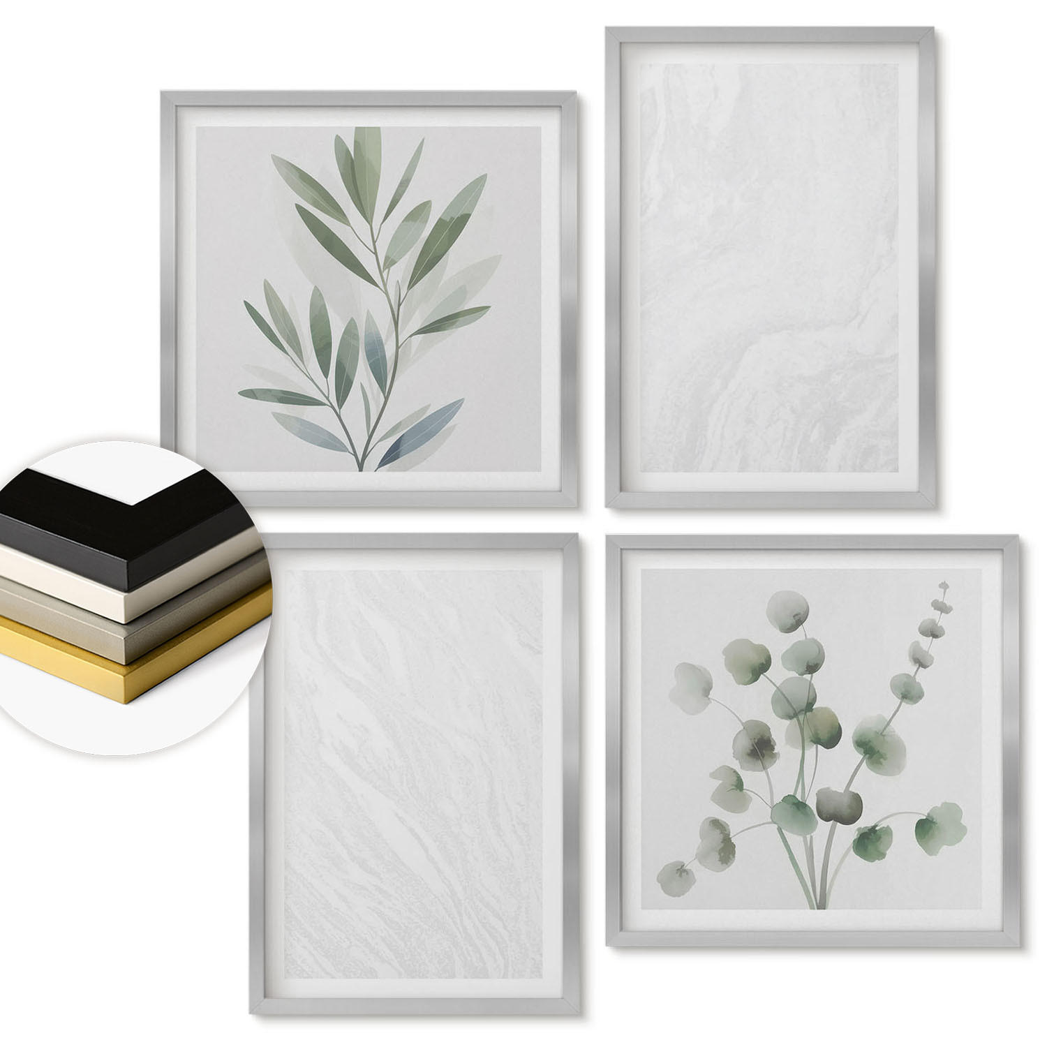 WANDBILDER 4er Set - 50x50 cm & 40x60 cm Silberner Rahmen - Marmorstruktur, pastellfarbene Zweige - Silberfarben, Kunststoff (50/50cm) - ArtPrintCave