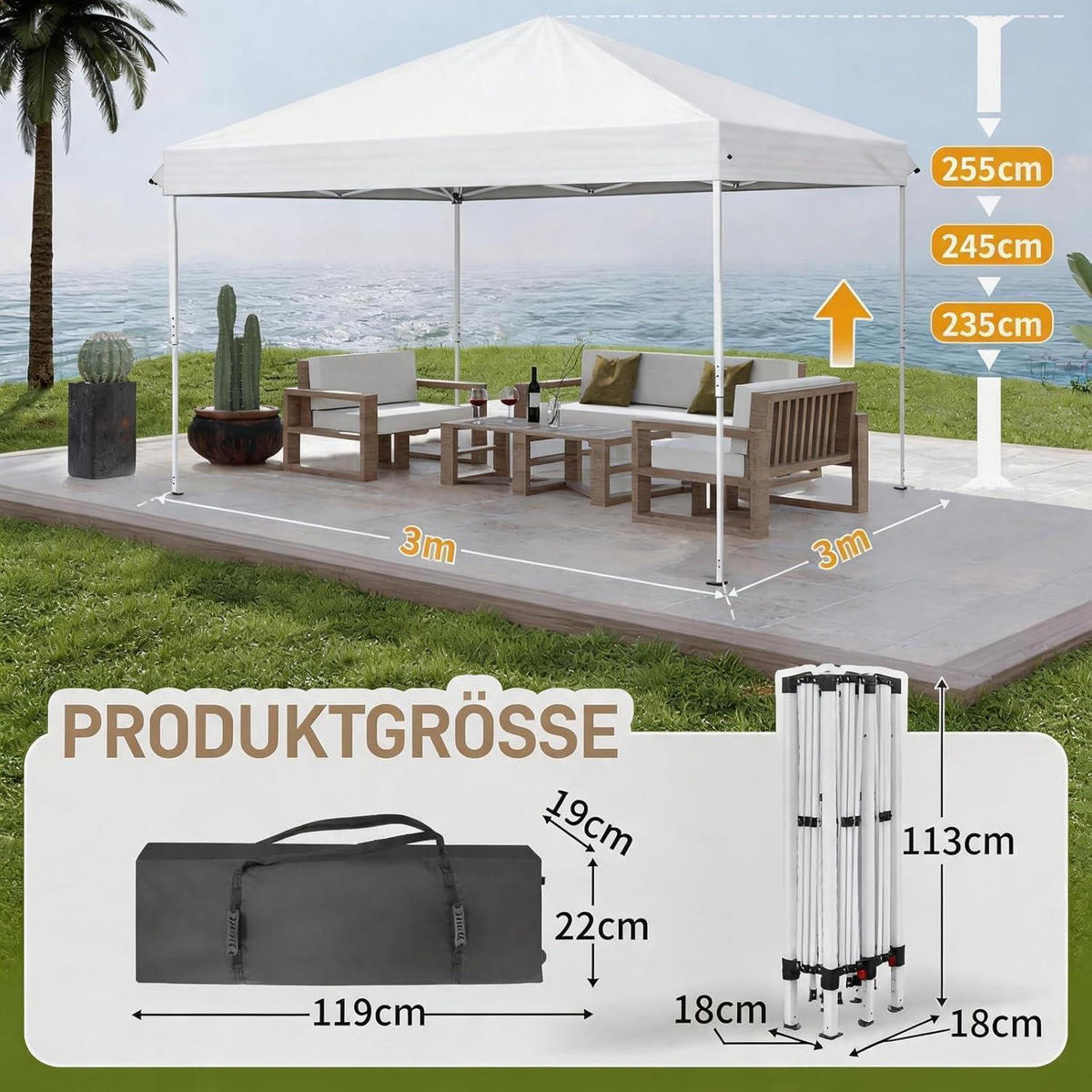 FALTPAVILLON 3 x 3 m weiß mit 4 Seitenteilen, Pop-Up One-Touch - Weiß, Textil (300/255/300cm)