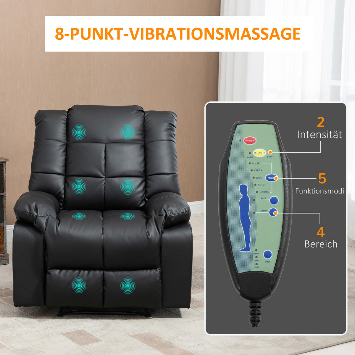 MASSAGESESSEL Elektrisch Fernsehsessel mit Liegefunktion 8 Massagepunkte Schwarz - Schwarz, Leder (99/99/94cm) - HOMCOM