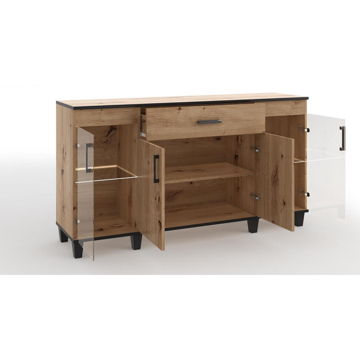 KOMMODE Vanessa II 160 cm mit Schublade und Holzbeine, viertürig, tartisan, schwarz - Schwarz/Eiche Artisan, Glas/Holz (160/90/40cm) - Margaret Hadas24