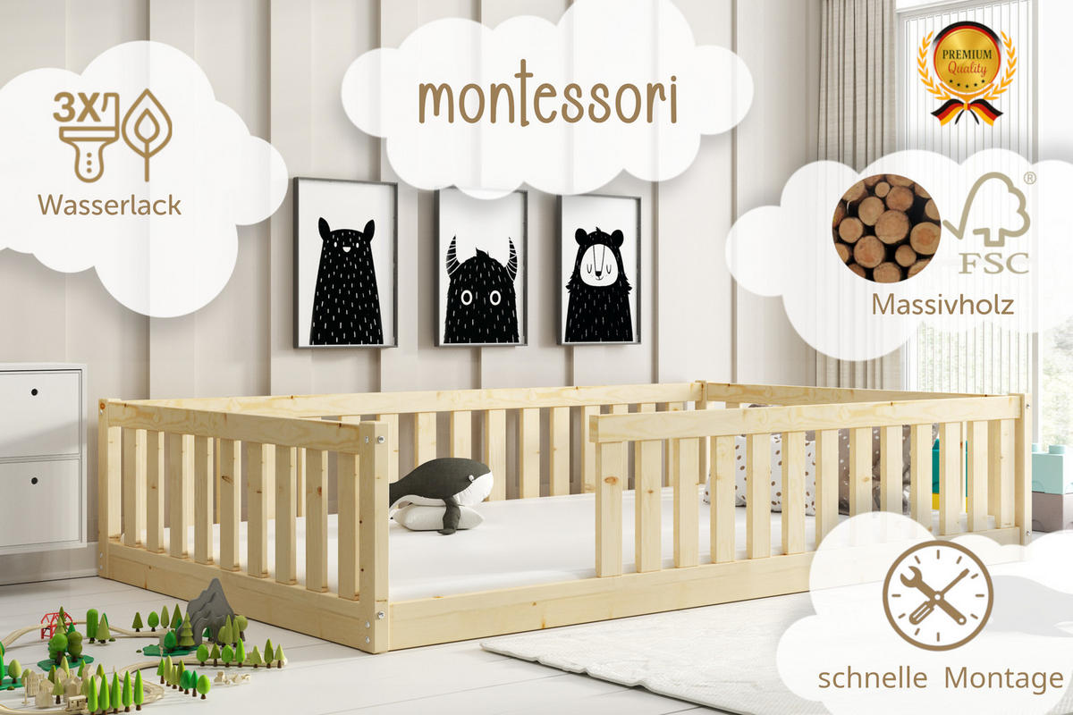 BODENBETT Bella 120x200 mit Rausfallschutz & Lattenrost Kinderbett aus Holz - Naturfarben, Holz (120/200cm) - Interbeds