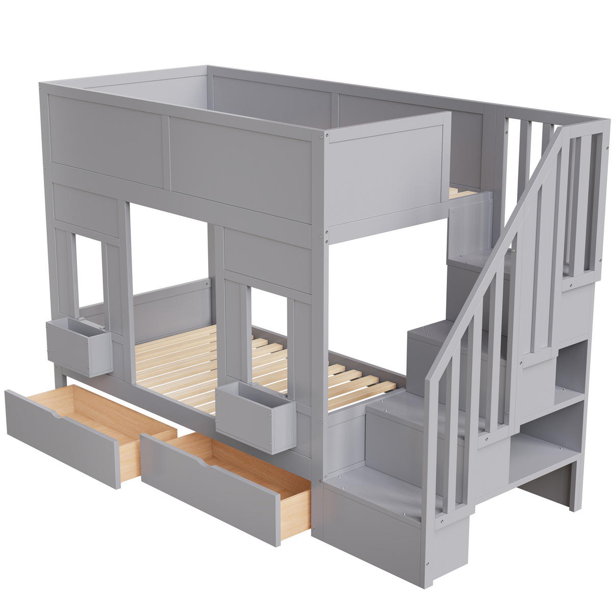ETAGENBETT 90/200 cm mit Stauraumtreppe, Schubladen und Fensterdesign,Grau - Grau, Holzwerkstoff (90/200cm) - Redom