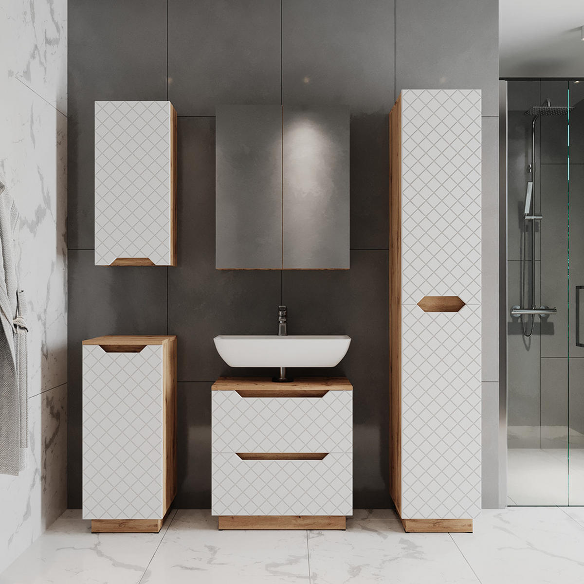 BADSCHRANK Lotta Eiche/Weiß mit Kachelstruktur 20 x 72.6 cm - Eichefarben/Weiß, Holzwerkstoff (20/72.6/33cm) - Vicco