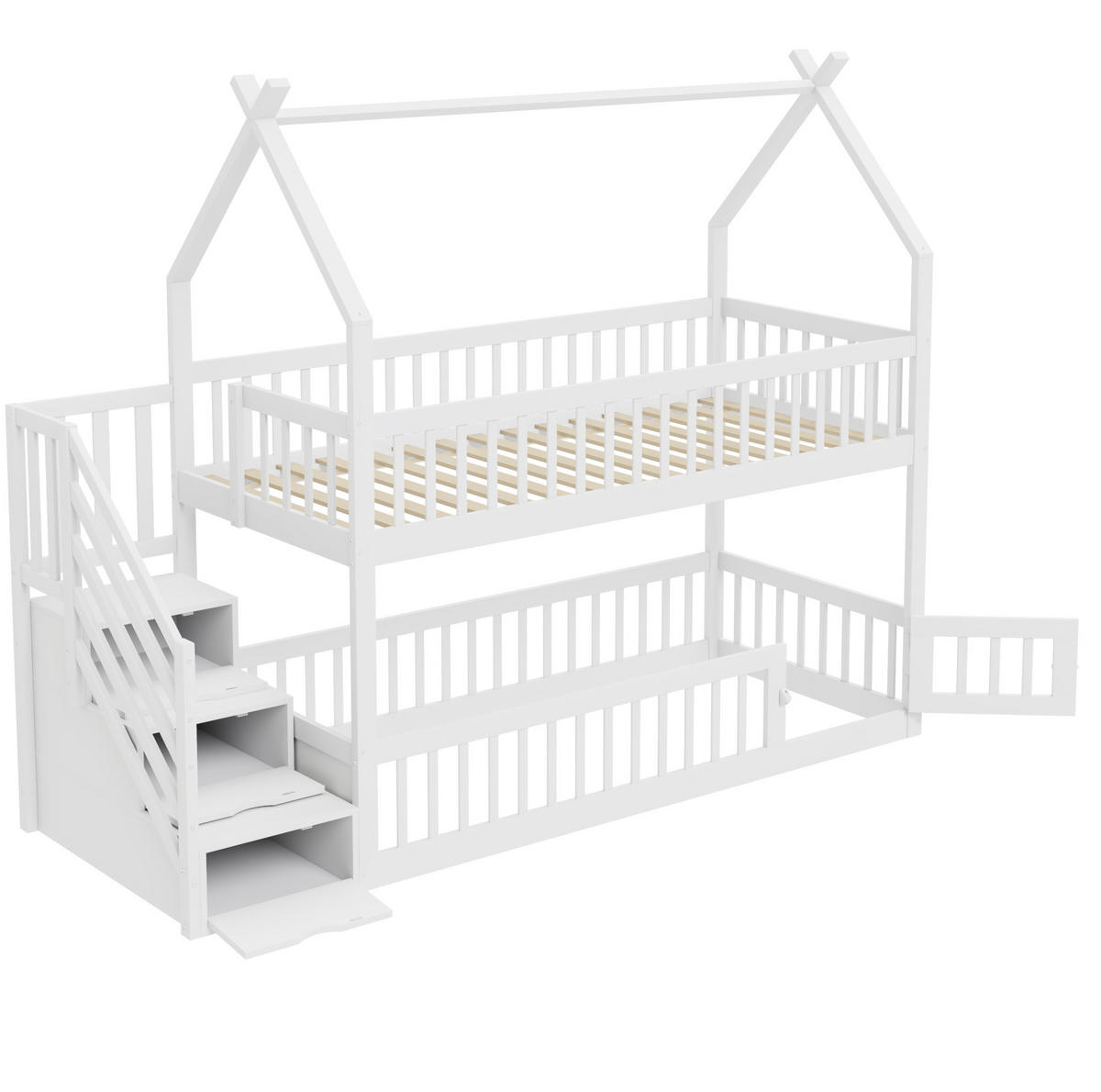 ETAGENBETT mit Treppenschubladen 90x200 cm Massivholz Weiß - Weiß, Holzwerkstoff (90/200cm) - Beauniv