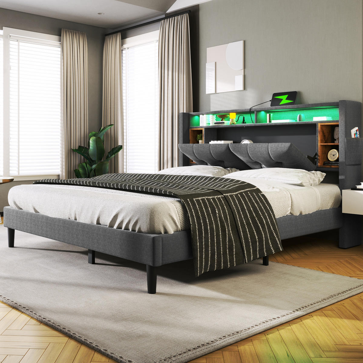 POLSTERBETT 160/200 cm grau aus Massivholz mit Stauraum-Kopfteil, USB und LED - Grau, Holzwerkstoff (160/200cm) - OKWISH