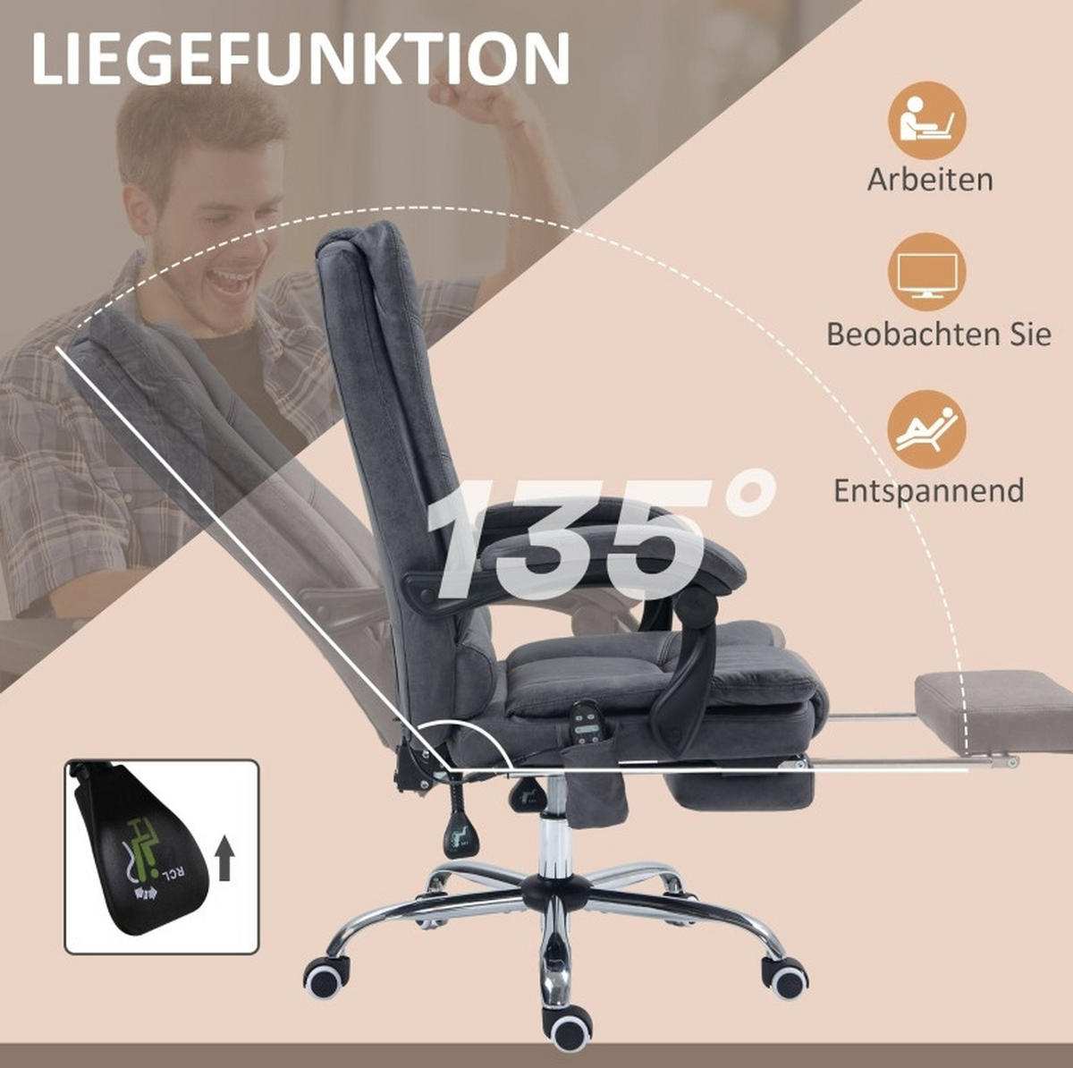 GAMINGSTUHL 64/110-118/70 cm Dunkelgrau aus Polyester mit Massagefunktion - Dunkelgrau, Kunststoff (70/118/64cm) - OKMYHOME