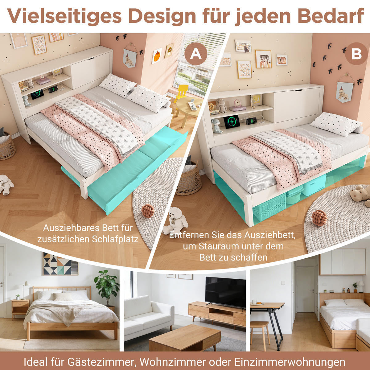 ROZKLADACIA posteľ 140/190 cm biela z dreva s výsuvným lôžkom, úložným čelom a USB nabíjaním - biela, textil (140/190cm) - OKWISH