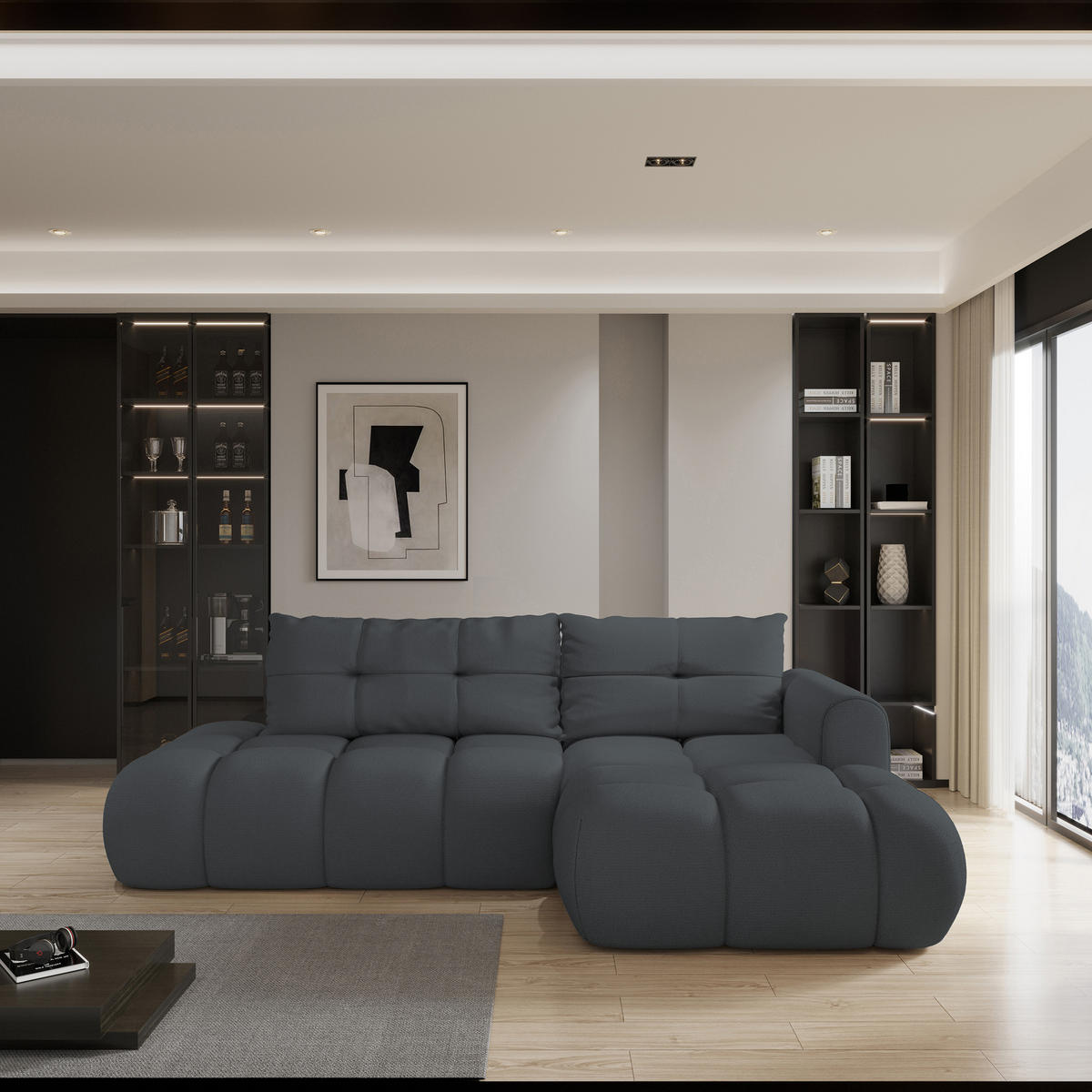 ECKSOFA FLUMA R-S Graphitfarben Geflochtener Stoff mit Schlaffunktion - Graphitfarben, Holz (274/165cm) - MASSENO