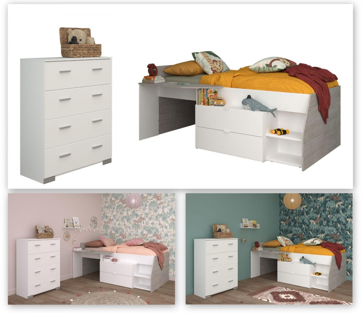 KINDERZIMMER weiß, grau, Set 2-teilig mit Stauraumbett, Kommode - Silberfarben/Weiß, Holzwerkstoff/Kunststoff (135/106/203cm) - Parisot Meuble