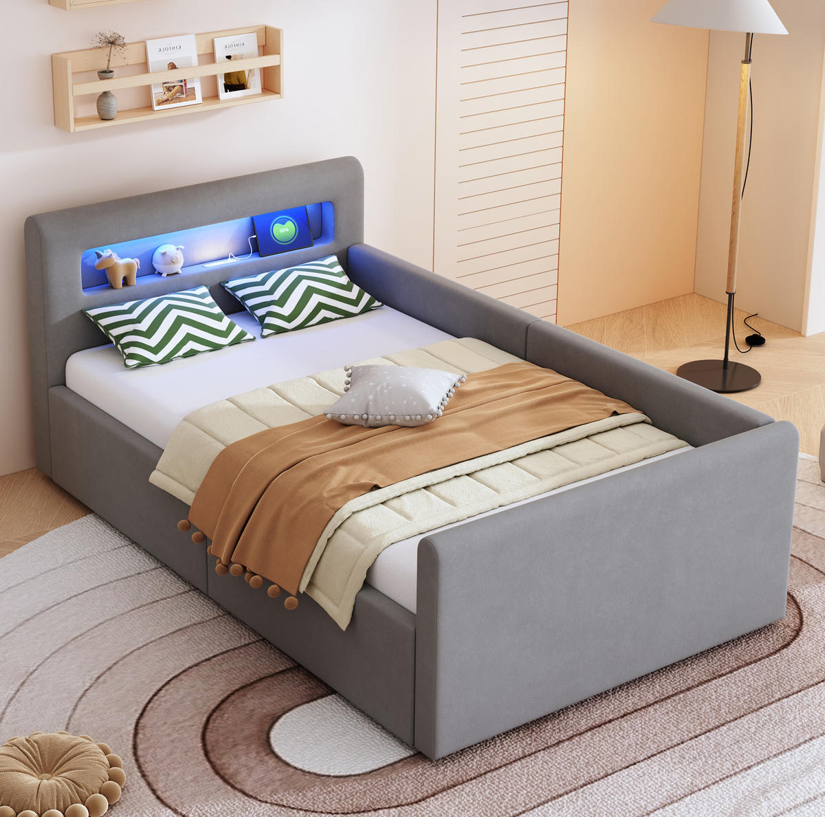 KINDERBETT 90/200 cm aus Samt mit LED, USB-Anschluss und hydraulischem Stauraum Hellgrau - Grau, Textil (90/200cm) - Modenvie