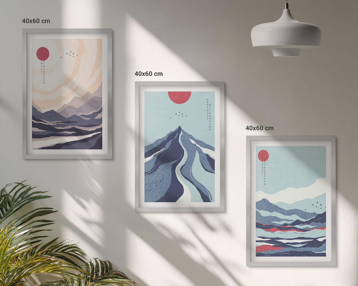 BILDER SET 3er Set - 40x60 cm Silberner Rahmen - Abstrakte japanische Berge - Silberfarben, Kunststoff (40/60cm) - TULUP