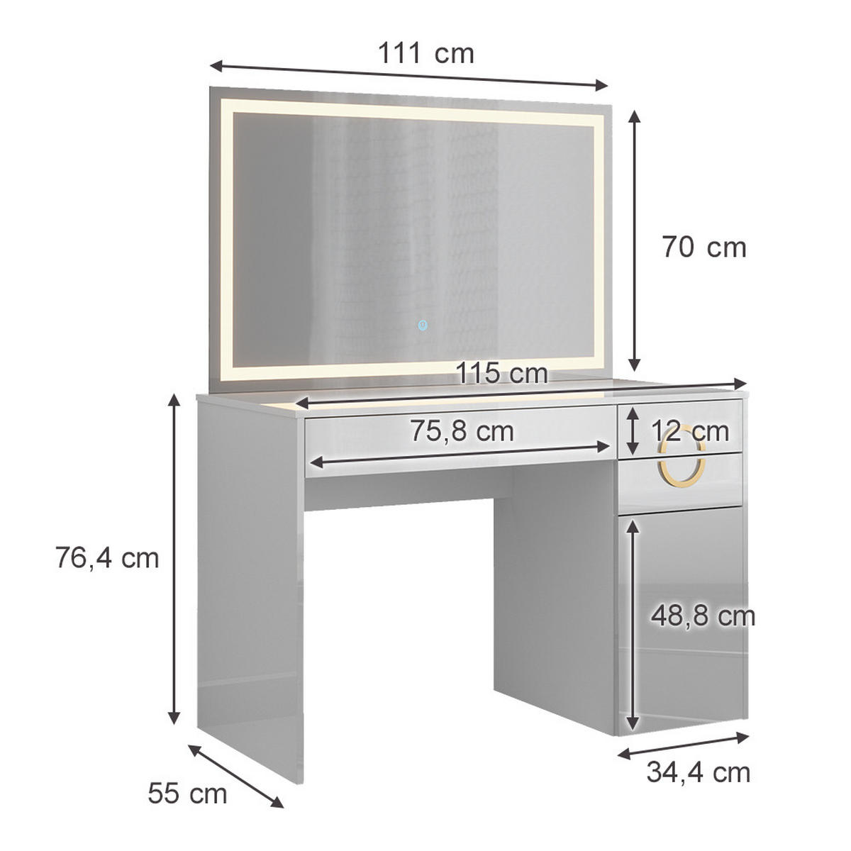SCHMINKTISCH Adela Weiß 115 cm mit LED-Spiegel - Weiß, Holzwerkstoff (115/76.4/55cm) - Vicco